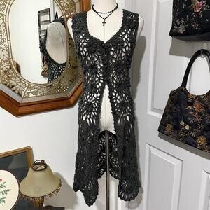 NWT Y2K Cecico Dark Grey Sleeveless Knit Crochet Button Down Wool Blend Duster